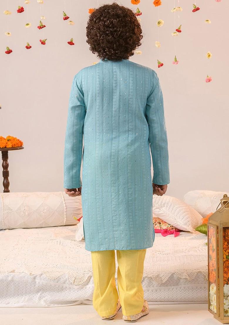 Blue Printed Poly Blend Kurta Set For Boy