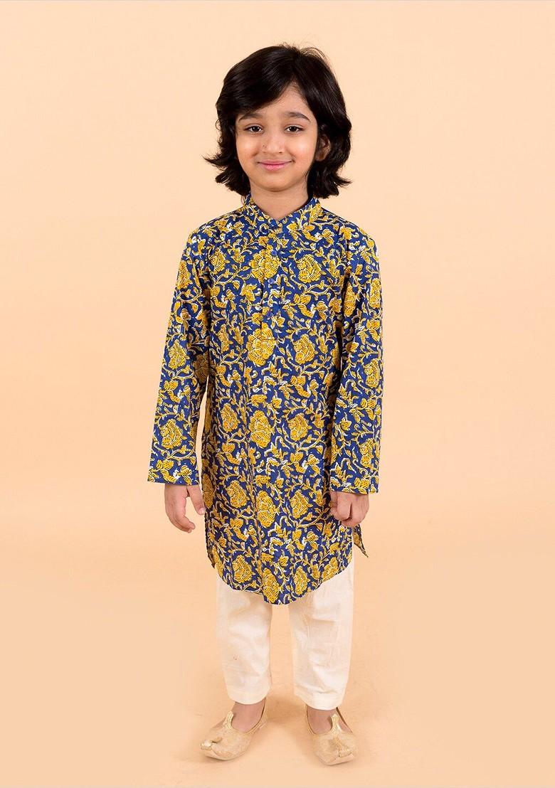 Navy Blue Printed Poly Blend Kurta Set For Boy