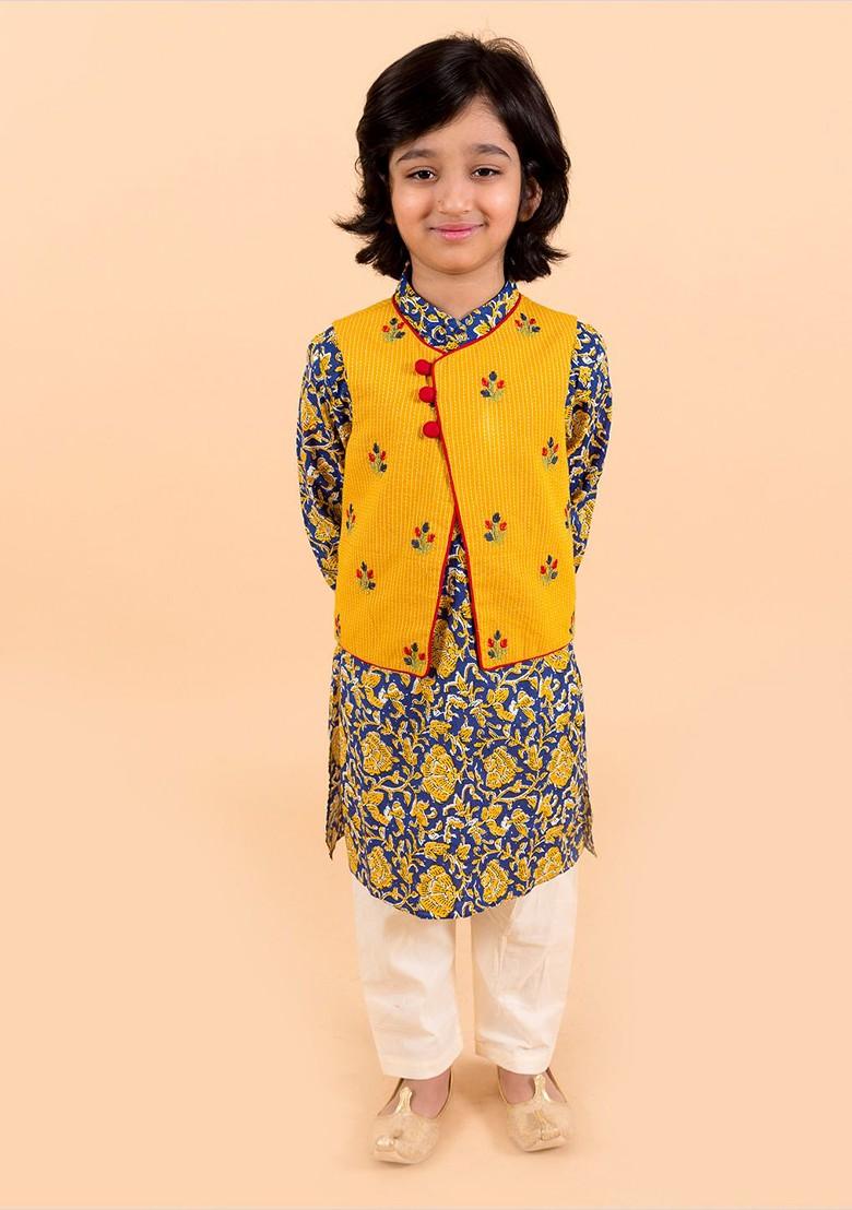 Navy Blue Printed Poly Blend Kurta Set For Boy