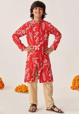 Red Printed Poly Blend Kurta Set For Boy