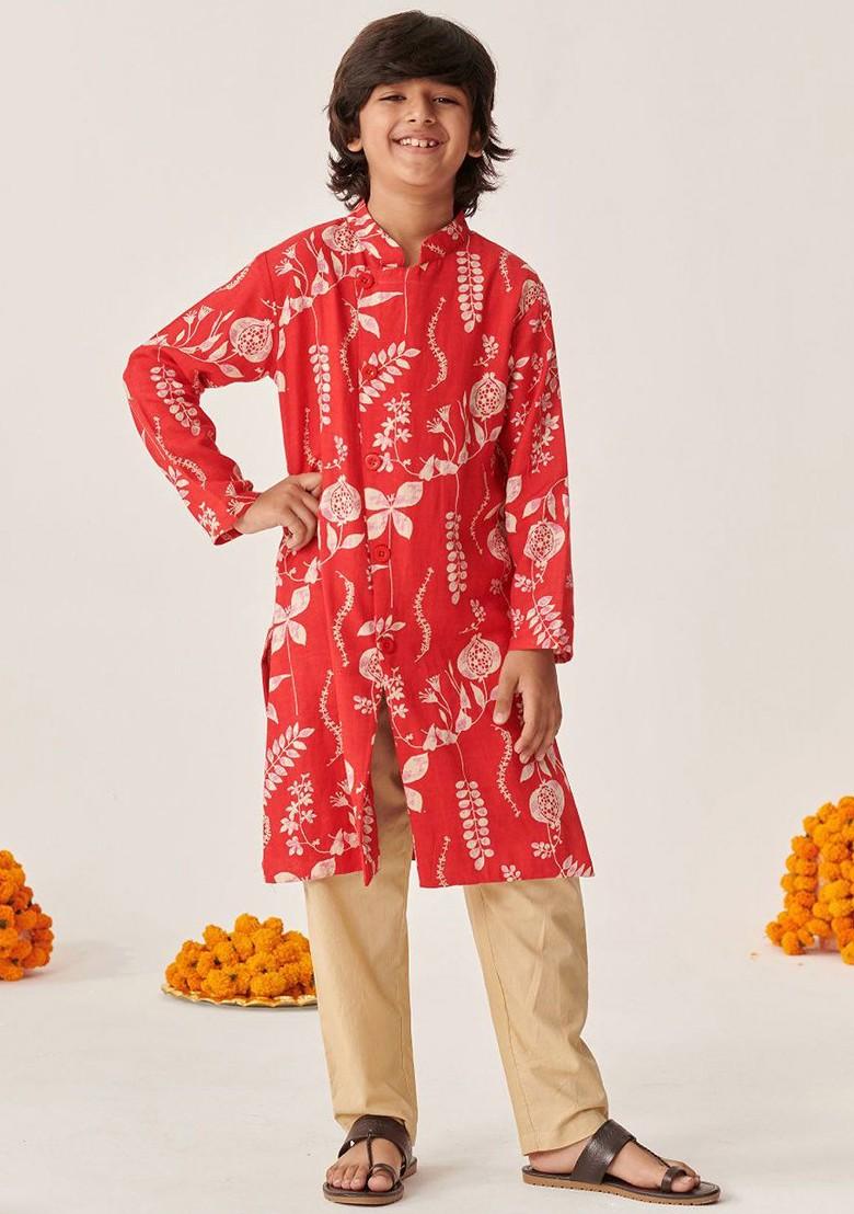 Red Printed Poly Blend Kurta Set For Boy