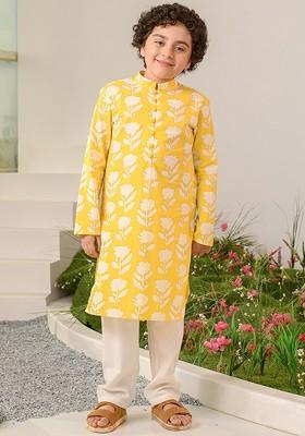Yellow Printed Poly Blend Kurta Set For Boy