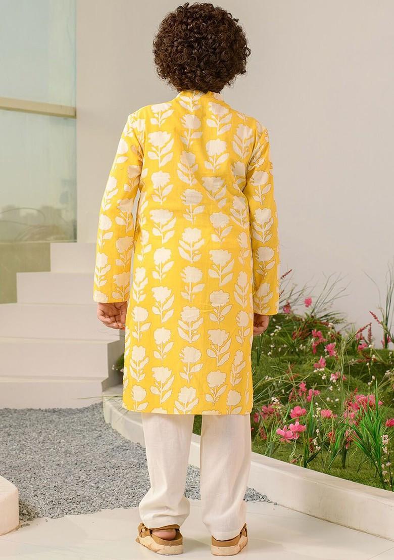Yellow Printed Poly Blend Kurta Set For Boy