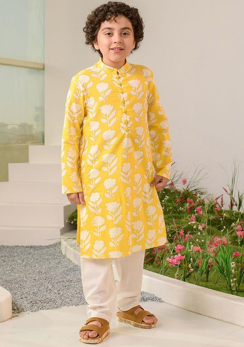 Yellow Printed Poly Blend Kurta Set For Boy