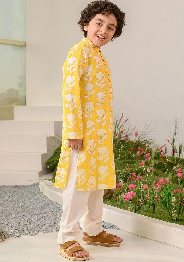 Yellow Printed Poly Blend Kurta Set For Boy
