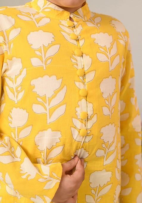 Yellow Printed Poly Blend Kurta Set For Boy
