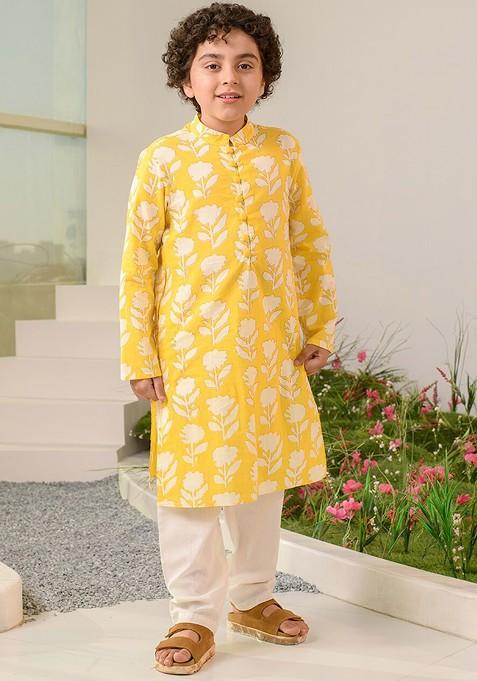 Yellow Printed Poly Blend Kurta Set For Boy