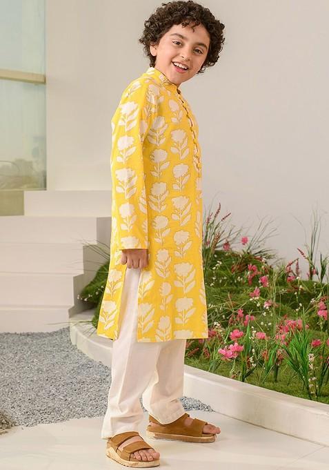 Yellow Printed Poly Blend Kurta Set For Boy