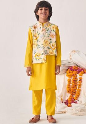 Yellow Embroidered Poly Blend Kurta Set For Boy