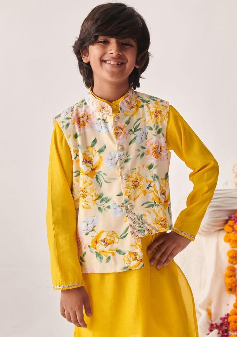 Yellow Embroidered Poly Blend Kurta Set For Boy