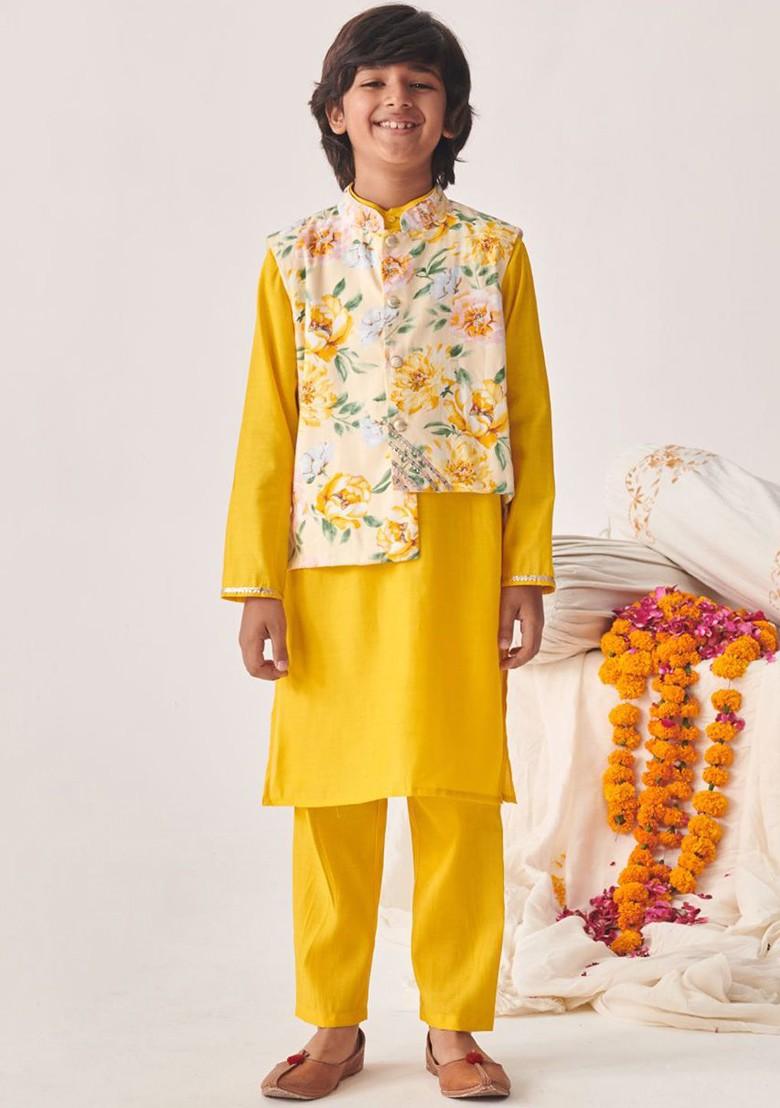 Yellow Embroidered Poly Blend Kurta Set For Boy