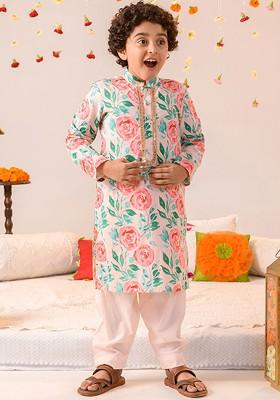 Peach Printed Poly Blend Kurta Set For Boy