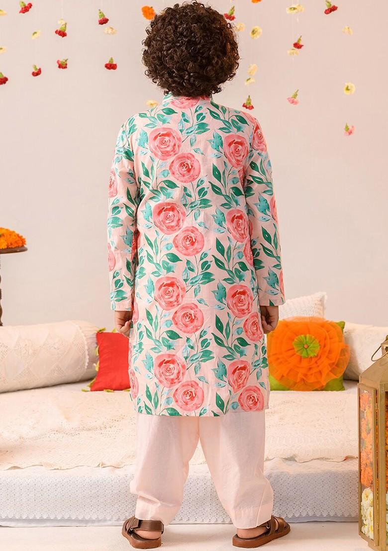 Peach Printed Poly Blend Kurta Set For Boy