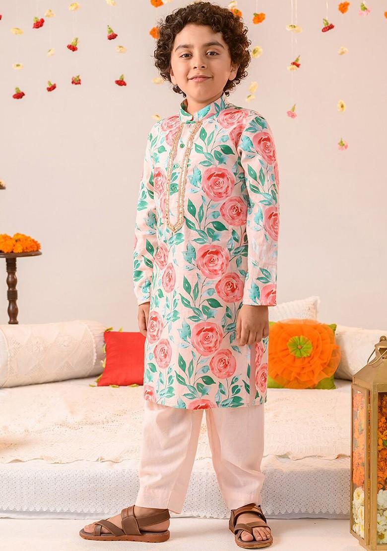 Peach Printed Poly Blend Kurta Set For Boy