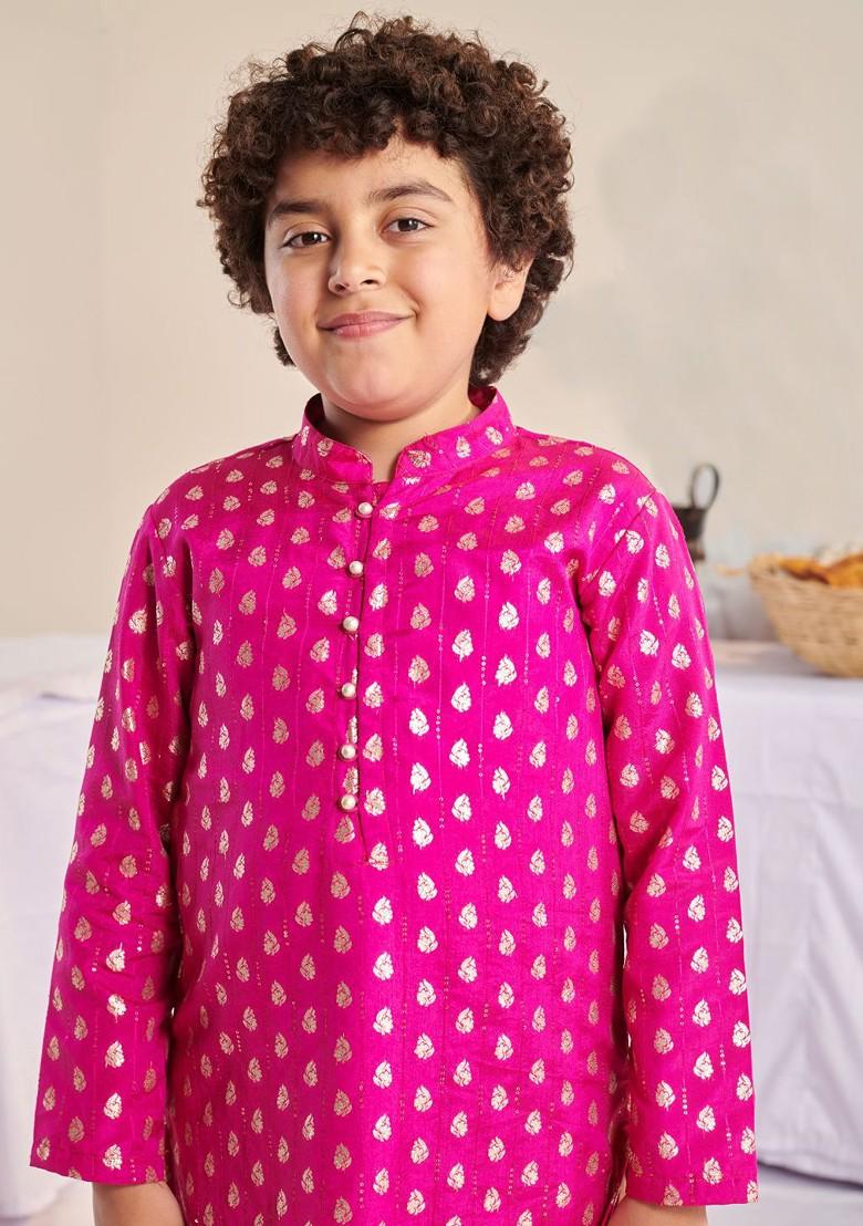 Magenta Embroidered Poly Blend Kurta Set For Boy