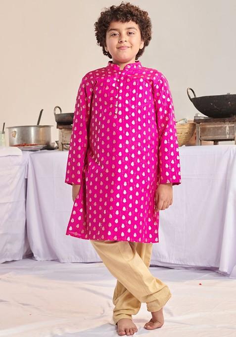 Magenta Embroidered Poly Blend Kurta Set For Boy