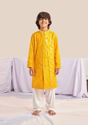 Yellow Printed Poly Blend Kurta Set For Boy