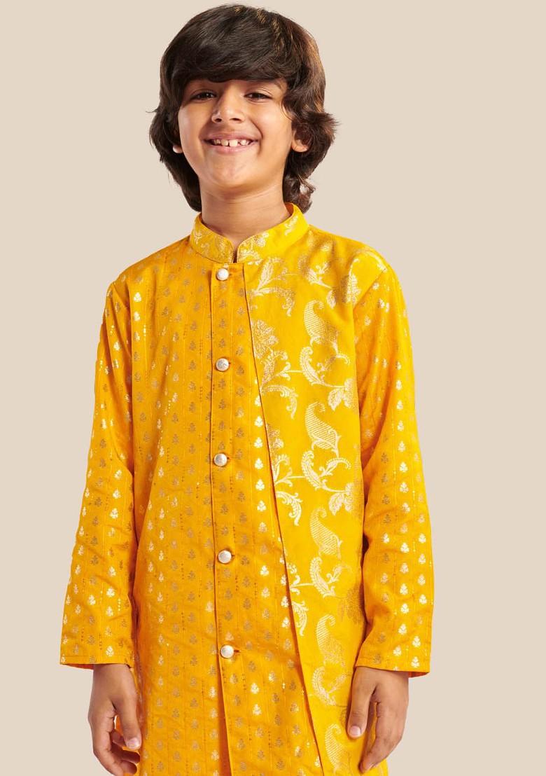 Yellow Printed Poly Blend Kurta Set For Boy