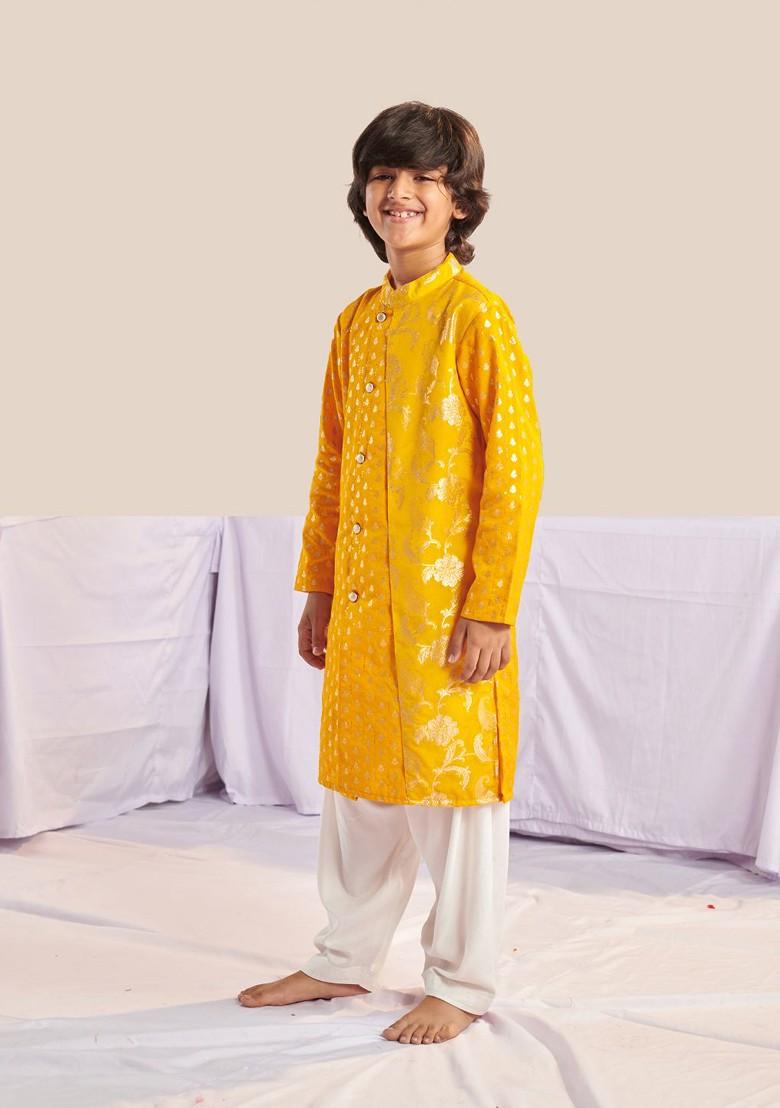Yellow Printed Poly Blend Kurta Set For Boy