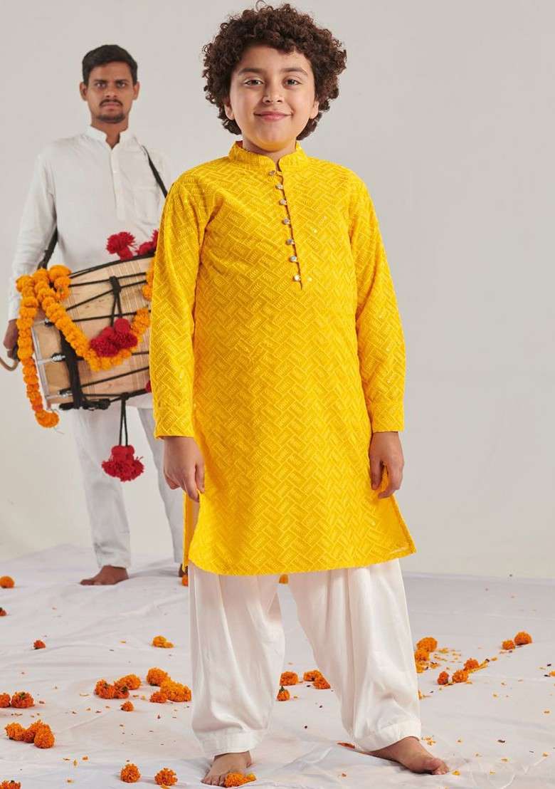 Yellow Embroidered Poly Blend Kurta Set For Boy - Indya