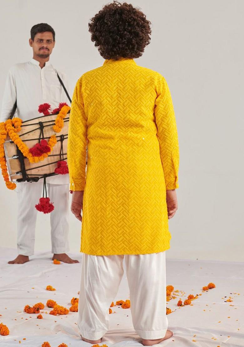 Yellow Embroidered Poly Blend Kurta Set For Boy
