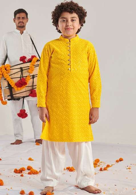 Yellow Embroidered Poly Blend Kurta Set For Boy