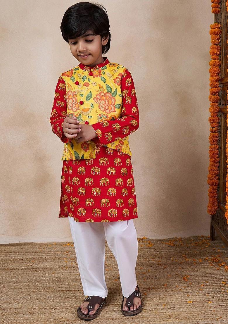 Yellow Printed Poly Blend Kurta Set For Boy