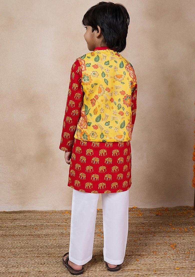Yellow Printed Poly Blend Kurta Set For Boy