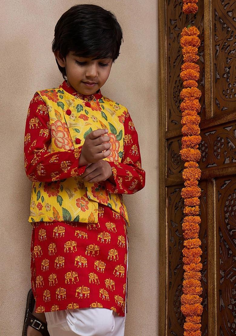 Yellow Printed Poly Blend Kurta Set For Boy