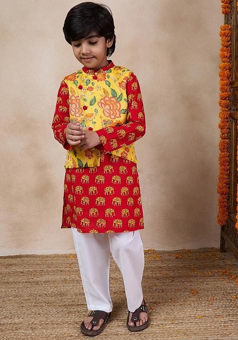 Yellow Printed Poly Blend Kurta Set For Boy