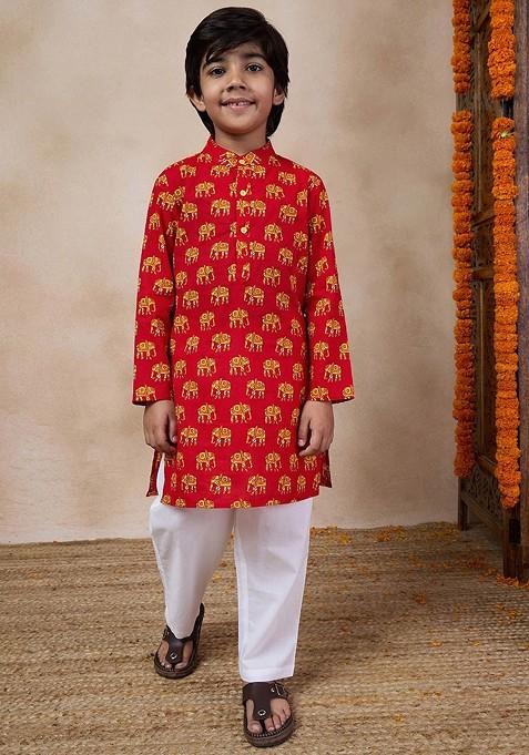 Yellow Printed Poly Blend Kurta Set For Boy
