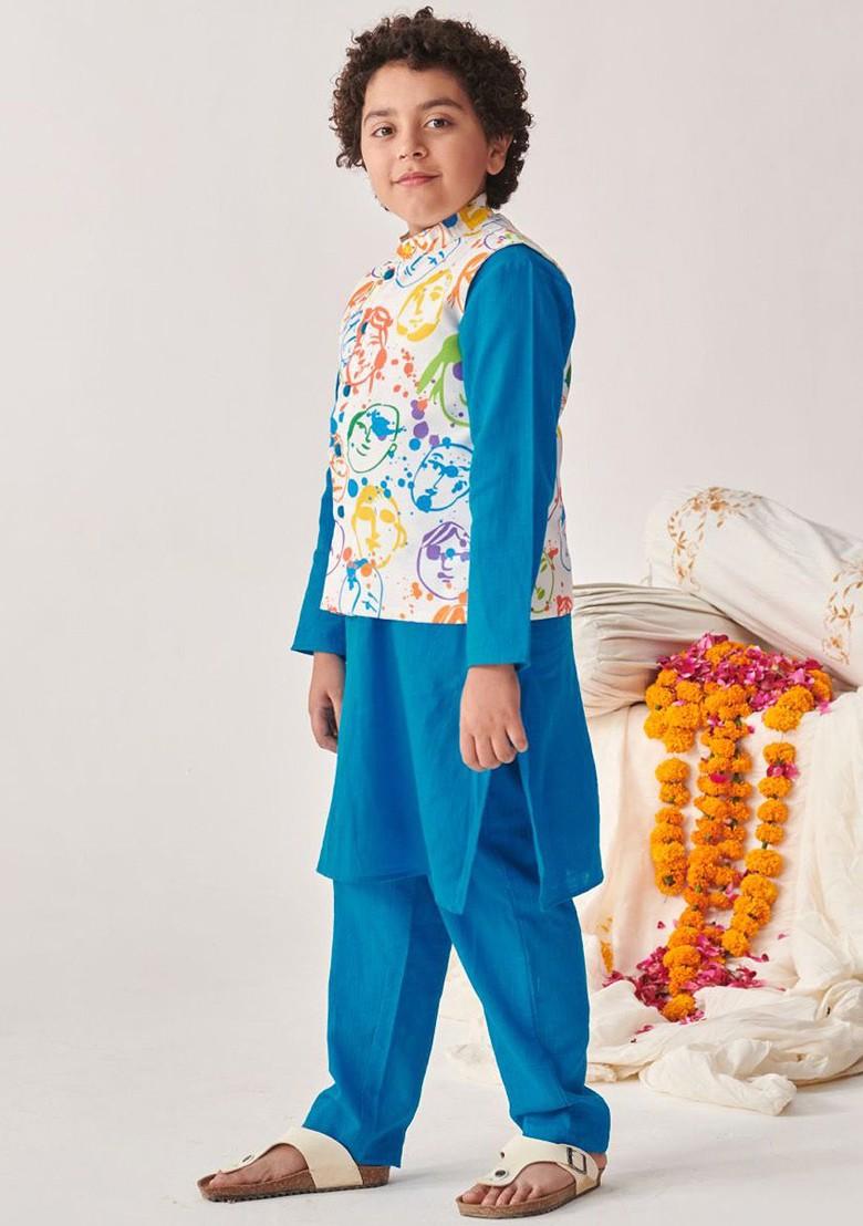 Blue Embroidered Poly Blend Kurta Set For Boy