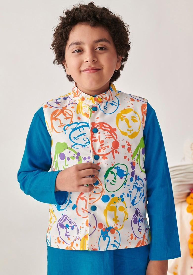 Blue Embroidered Poly Blend Kurta Set For Boy