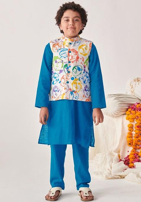 Blue Embroidered Poly Blend Kurta Set For Boy