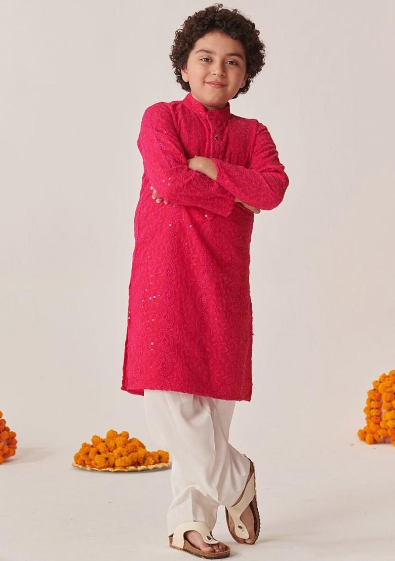 Magenta Embroidered Poly Blend Kurta Set For Boy