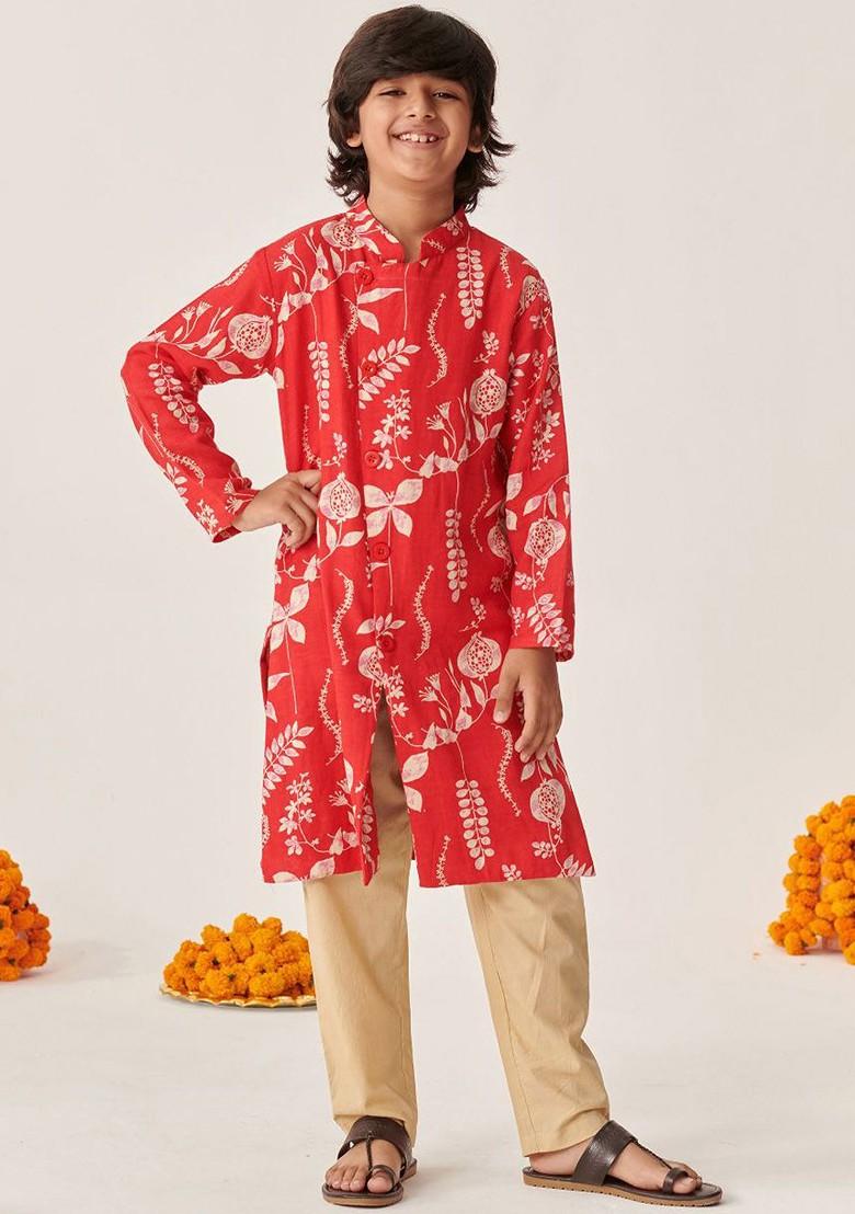 Red Printed Poly Blend Kurta Set For Boy