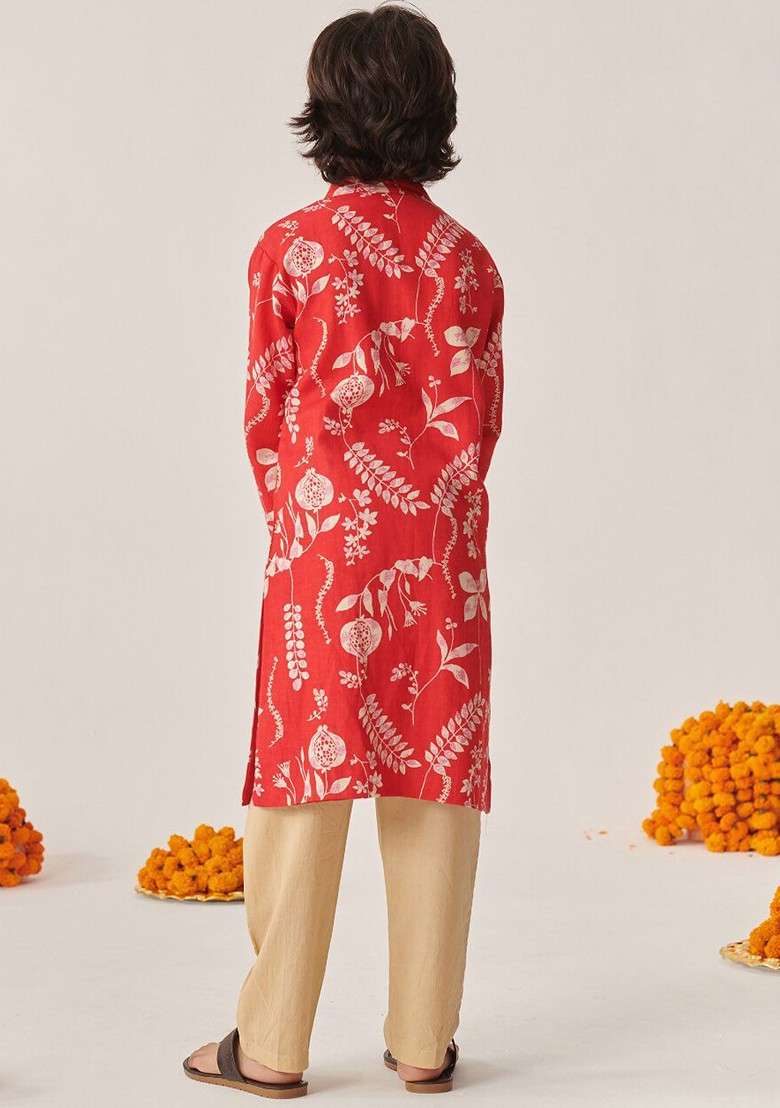 Red Printed Poly Blend Kurta Set For Boy - Indya