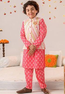 Pink Printed Poly Blend Kurta Set For Boy