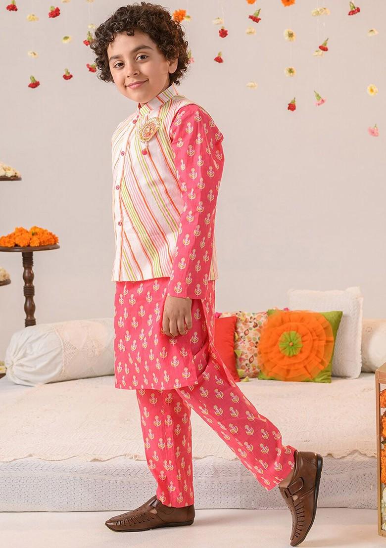 Pink Printed Poly Blend Kurta Set For Boy
