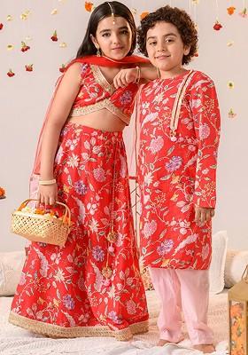 Red Printed Poly Blend Kurta Set For Boy