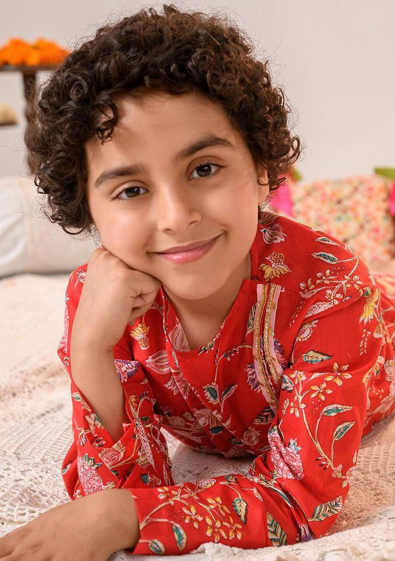 Red Printed Poly Blend Kurta Set For Boy