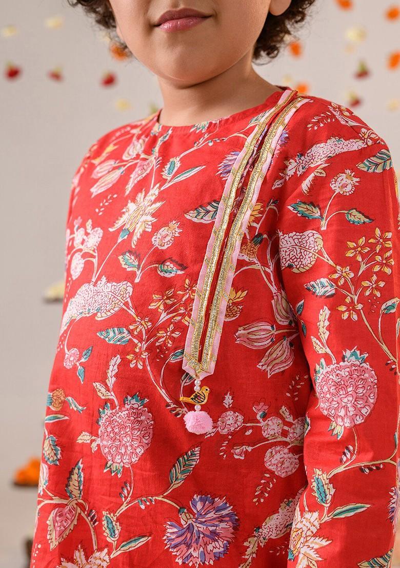 Red Printed Poly Blend Kurta Set For Boy