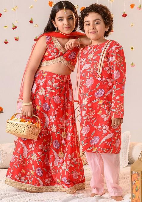 Red Printed Poly Blend Kurta Set For Boy