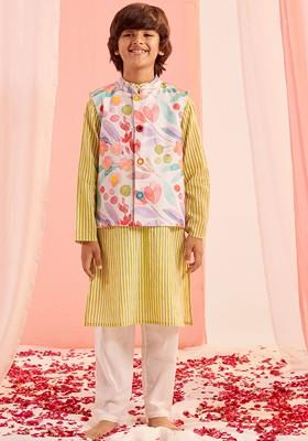 Yellow Embroidered Poly Blend Kurta Set For Boy