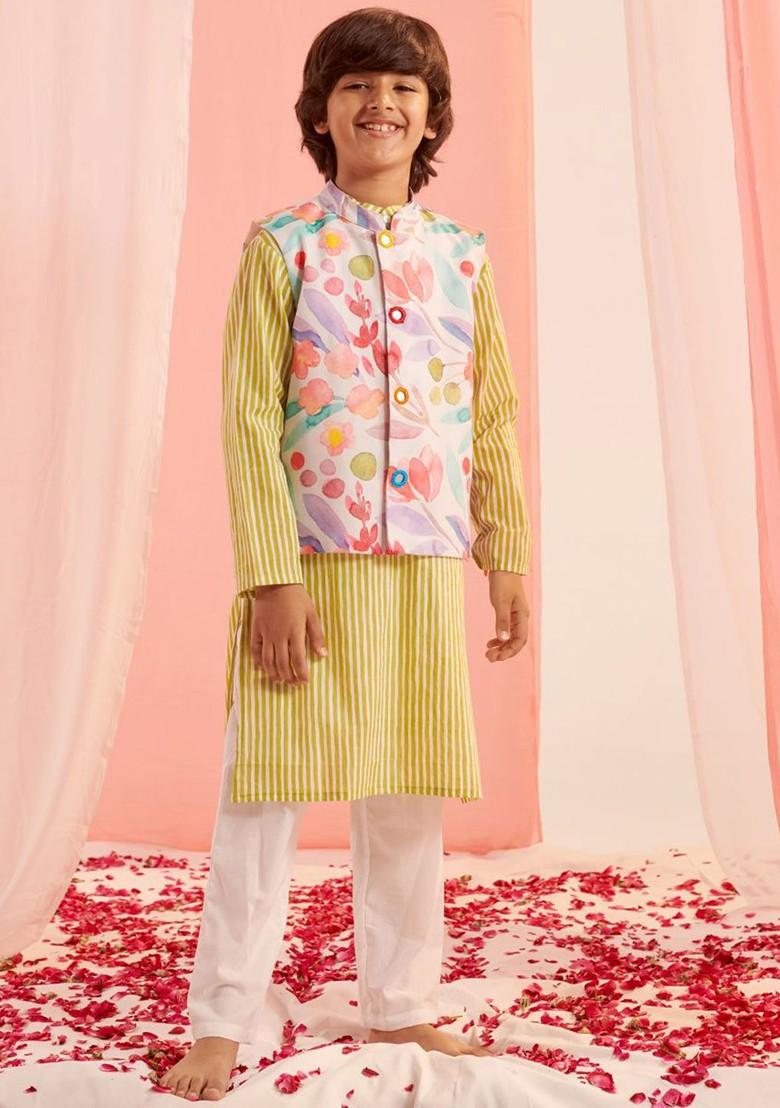 Yellow Embroidered Poly Blend Kurta Set For Boy