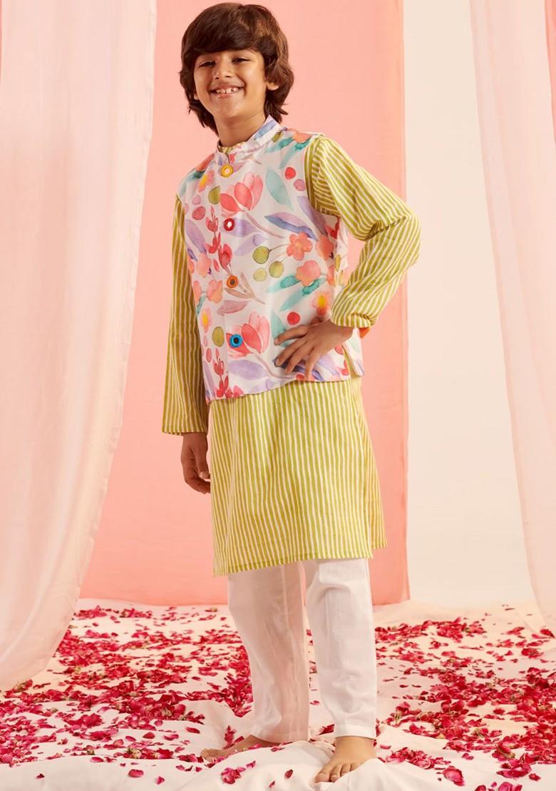 Yellow Embroidered Poly Blend Kurta Set For Boy