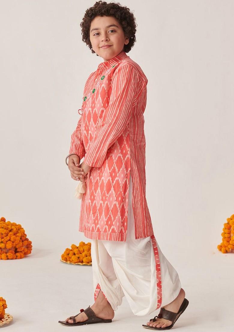 Peach Printed Poly Blend Kurta Set For Boy