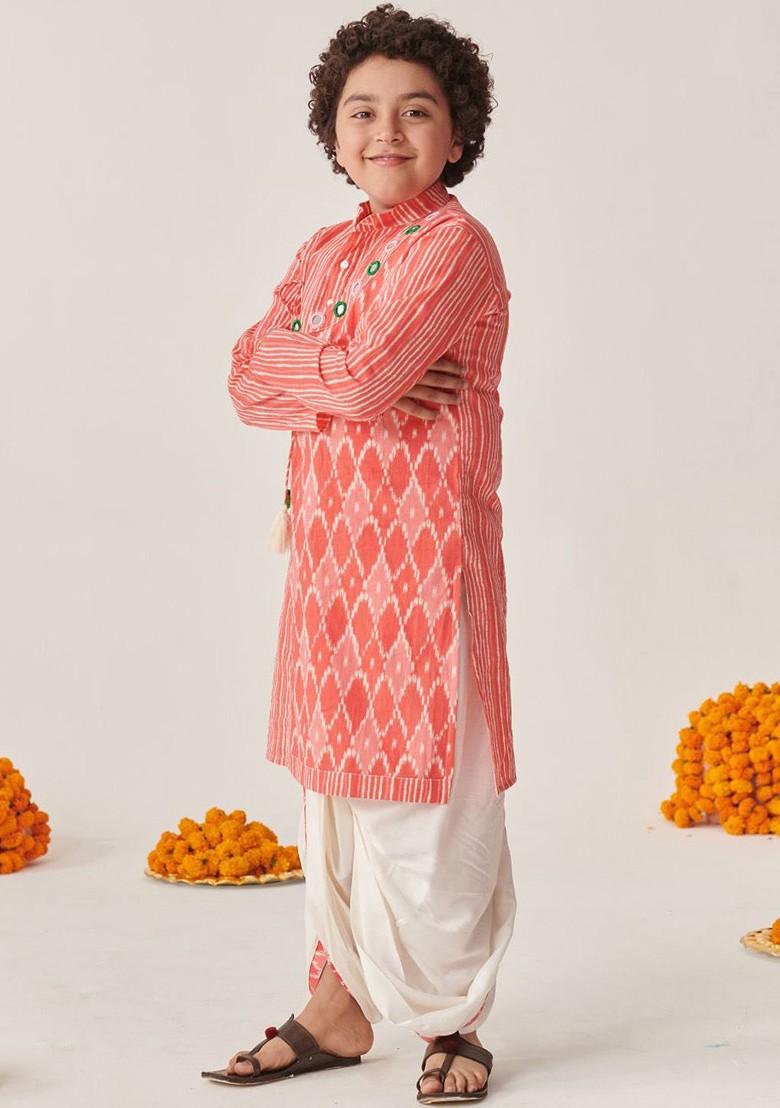 Peach Printed Poly Blend Kurta Set For Boy