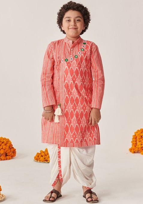Peach Printed Poly Blend Kurta Set For Boy