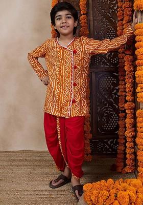 Mustard Yellow Printed Poly Blend Kurta Set For Boy